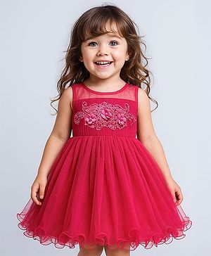 Babyhug Woven Sleeveless Mesh Party Dress with Floral Applique on Yoke - Dark Pink