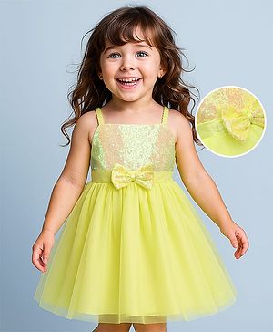 Babyhug Woven Sleeveless Fit & Flare Mesh Party Dress with Sequinned Yoke & Bow Applique - Yellow