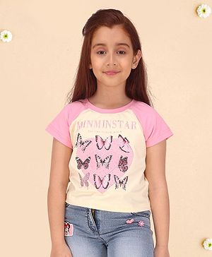 Cutecumber Embosis Hoisery Half Raglan Sleeves Butterfly Printed Stones Embellished Top - Cream