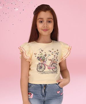 Cutecumber Embosis Hosiery Frill Sleeves Butterfly & Cycle Printed Top - Cream