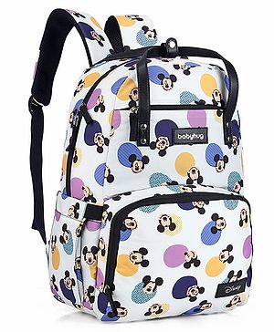 Babyhug Disney Retro Mickey Pop Smart Diaper Backpack - White| Adjustable Padded Shoulder Strap| Insulated Bottle Pouches| Wipes Dispenser| Wide opening| Anti-theft Back Pouch