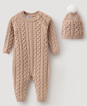 Mark & Mia Viscose Full Sleeves Solid Coloured Winter Wear Romper With Cap & Cable Knit Design - Khaki