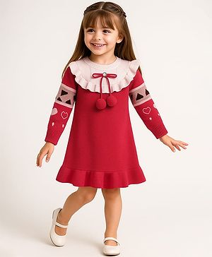 Mark & Mia Viscose Full Raglan Sleeves Hearts Printed Woolen Dress With Frill Detailing - Red & White