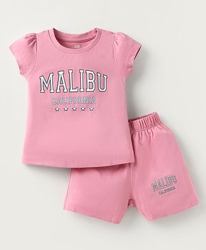 Pink Rabbit Single Jersey Knit Half Sleeves T-Shirt and Shorts Set with Malibu Text Print - Pink