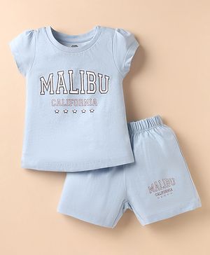 Pink Rabbit Single Jersey Knit Half Sleeves T-Shirt and Shorts Set with Malibu Text Print - Light Blue