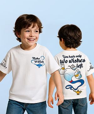Pine Kids Disney Terry Knit Oversized Drop Shoulder Half Sleeves T-Shirt With Front And Back Aladin Graphics - White
