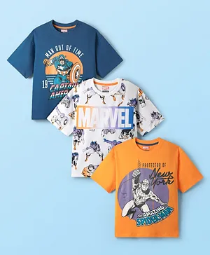 Pine Kids Marvel Single Jersey Knit Half Sleeves Oversize Drop Shoulder T-Shirt With Avengers Graphics Pack Of 3- White Blue & Yellow