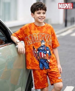 Pine Kids Marvel Single Jersey Knit Half Drop Shoulder Sleeves T-Shirt & Cut & Sew Shorts Set With Avengers Graphics Badge & Tie & Dye Detailing - Orange