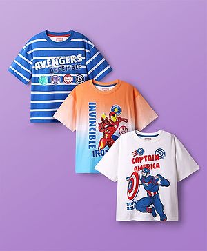 Pine Kids Marvel Single Jersey Knit Half Drop Shoulder Sleeves Oversized T-Shirts with Avengers Graphics & Stripes Pack of 3 - Blue White & Orange