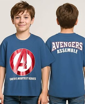 Pine Kids Marvel Single Jersey Knit Drop Shoulder Half Sleeves Oversized T-Shirt With Front & Back Avengers Graphics & Gold Foil Detailing - Blue