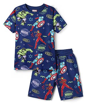 Pine Kids Marvel Single Jersey Knit Half Sleeves Co-ords Shorts Night Suit With Avengers Print - Navy Blue