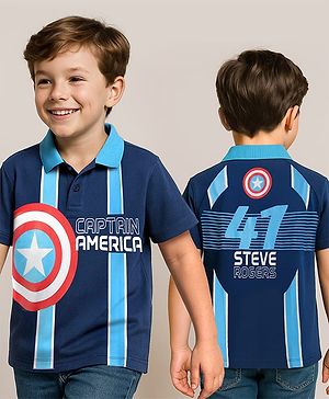 Pine Kids Marvel Terry Knit Half Sleeves Polo T-Shirt With Front And Back Avenger Iron Man Graphics - Blue