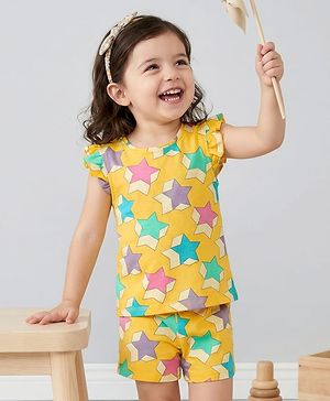 Babyhug Cotton Knit Frill Sleeves Co-ords Shorts Night Wear With Star Print - Yellow