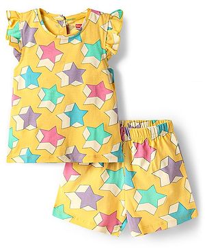 Babyhug Cotton Knit Frill Sleeves Co-ords Shorts Night Wear With Star Print - Yellow