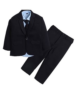 Lil' Homies Jacquard Full Sleeves Solid Soft Padded 3 Piece Party Suit Set With Tie - Navy Blue