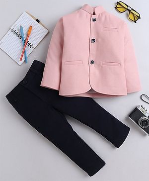 Lil' Homies Jacquard Full Sleeves Solid Coat With Pant Set - Light Pink