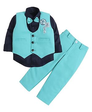 Lil' Homies Cotton Blend Full Sleeves Aal Izz Well Text Printed 3 Piece Party Suit Set With Bow - Turquoise