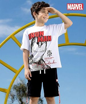 Pine Kids Marvel Single Jersey Knit Half Drop Shoulder Sleeves T-Shirt & Shorts Set With Iron Man Graphics Pocket & Tape Detailing - White & Black