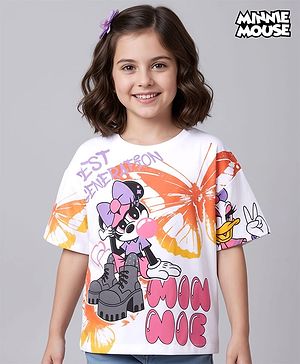 Pine Kids Disney Single Jersey Knit Half Drop Shoulder Sleeves Oversized T-Shirt with Front & Back Minnie & Friends Graphics - White