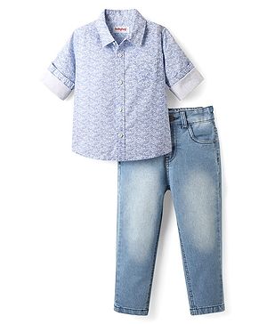 Babyhug Cotton Woven Full Sleeves Printed Shirt & Denim Jeans Set - Blue