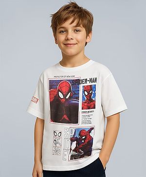 Pine Kids Marvel Terry Knit Oversized Drop Shoulder Half Sleeves T-Shirt With Spider-man Graphics And Badge Detailing - White