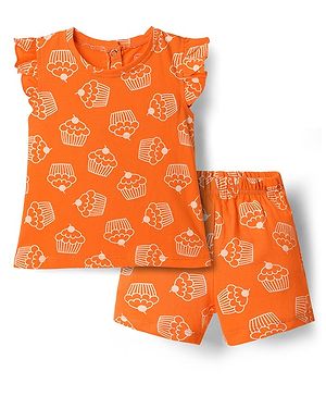Babyhug Cotton Knit Frill Sleeves Shorts Co-Ord Night Suit With Cupcake Print - Orange