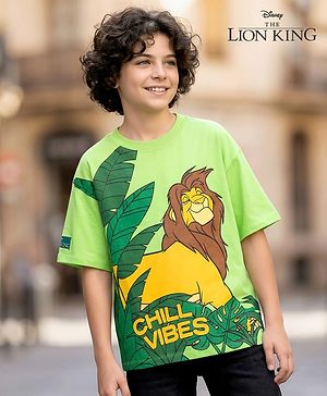 Pine Kids Disney Terry Knit Half Drop Shoulder Sleeves Oversized T-Shirt with Lion King Graphics - Light Green
