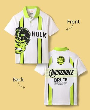 Pine Kids Marvel Terry Knit Half Sleeves Polo T-Shirt With Front And Back Avenger Hulk Graphics - White & Green