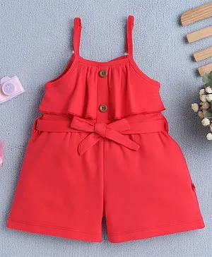 BUMZEE Cotton Knit Sleeveless Frill
                              Detailing Solid Jumpsuit With Belt - Red