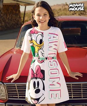 Pine Kids Disney Terry Knit Oversize Drop Shoulder Half Sleeves Cut & Sew Sweatshirt Dress with Minnie and Friends Graphics - White