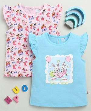 BUMZEE Cotton Knit Frill Sleeves T-Shirts with Unicorn & Bunny Print Pack Of 2 - Light Blue & Pink
