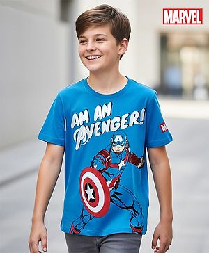 Pine Kids Marvel Single Jersey Knit Half Sleeve T-Shirt With Avenger Graphics And Badge Detailing - Blue