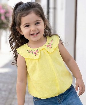 Babyhug Cotton Woven Sleeveless Peter Pan Collar Top with Floral Embroidery - Yellow