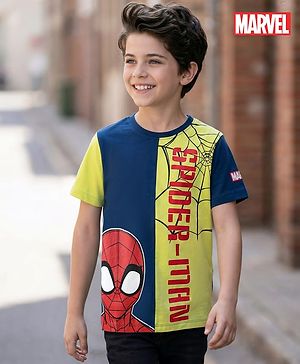 Pine Kids Marvel Single Jersey Knit Half Sleeves Cut & Sew T-Shirt with Spider Man Graphics - Navy Blue & Light Green
