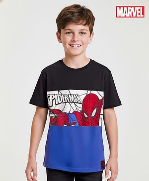 Pine Kids Marvel Single Jersey Knit Half Sleeve Cut & Sew T-Shirt With Spider Man Graphics - Blue & Black