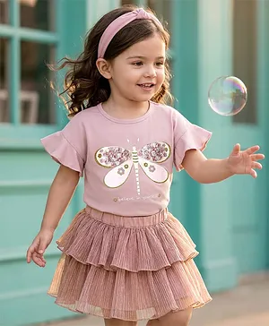 Little Kangaroos Cotton Woven Half
                              Sleeves Top & Skirt Set With Butterfly
                              Print & Applique - Purple