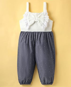 Little Kangaroos Cotton Knit Sleeveless Jumpsuit With Polka Dot & Bow Applique - White & Navy Blue