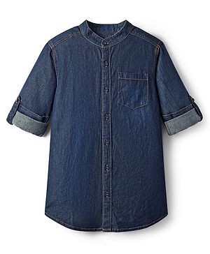 Pine Kids Denim Woven Full Sleeves Mandarin Collar Washed Shirt - Navy Blue