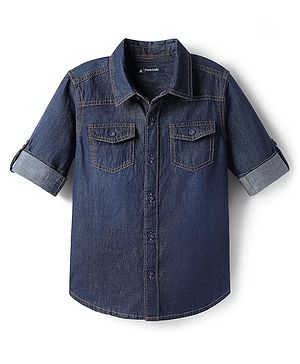 Pine Kids Denim Woven Full Sleeves Washed Shirt - Navy Blue