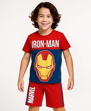 Pine Kids Marvel Single Jersey Knit Half Sleeves T-Shirt & Cut & Sew Short With Avengers Graphics - Red