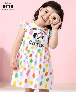 Babyhug Disney Single Jersey Knit Frill Sleeves Frock With 101 Dalmatians Graphics - White