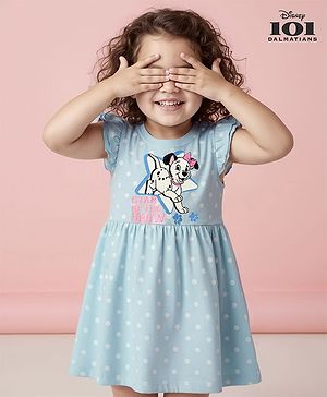 Babyhug Disney Single Jersey Knit Half Sleeves Frock With 101 Dalmatian Graphics And Frill Detailing - Light Blue