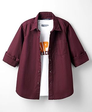 Pine Kids 100% Cotton Woven Full Sleeves Solid Colour Shirt With T-Shirt - Maroon