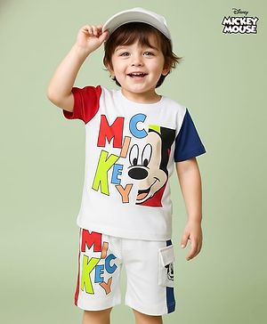 Babyhug Disney Single Jersey Knit  Half Sleeves T-Shirt And Shorts With Mickey Mouse Graphics - White