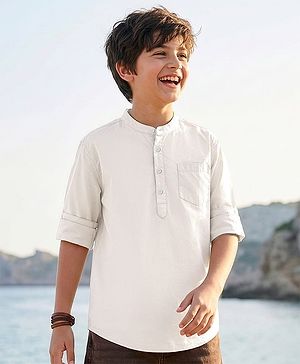 Pine Kids Cotton Woven Full Sleeves Mandarin Collar Solid Kurta Style Shirt - White