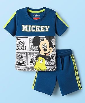 Babyhug Disney Single Jersey Knit Half Sleeves T-Shirt & Shorts Set With Mickey Mouse Graphics - Navy Blue