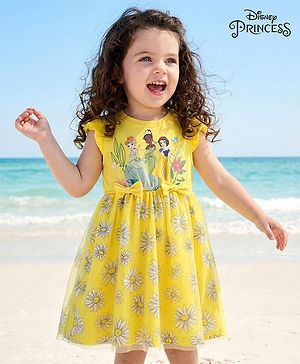 Babyhug Disney Single Jersey Knit Frill Sleeves Frock With Disney Princess Graphics & Bow Applique - Yellow