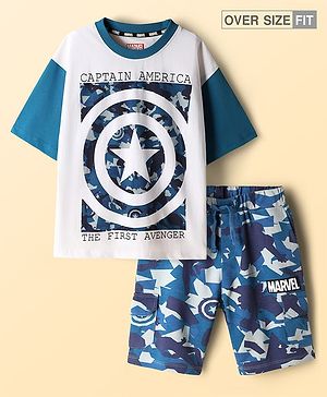 Pine Kids Marvel Single Jersey Knit Half Sleeves Drop Shoulder T-Shirt & Shorts Set with Avengers Graphics & Camouflage Detailing - Blue & White