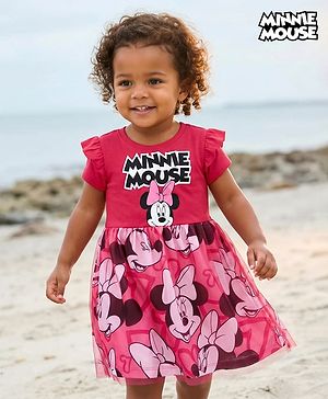 Babyhug Disney Single Jersey Knit Half Sleeves Frock With Minnie Mouse Graphics & Frill Detailing - Dark Pink