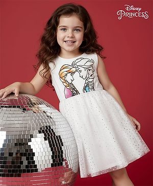 Babyhug Disney Single Jersey Knit Sleeveless Frock with Elsa & Anna Graphics with Foil Print & Mesh Detailing - White